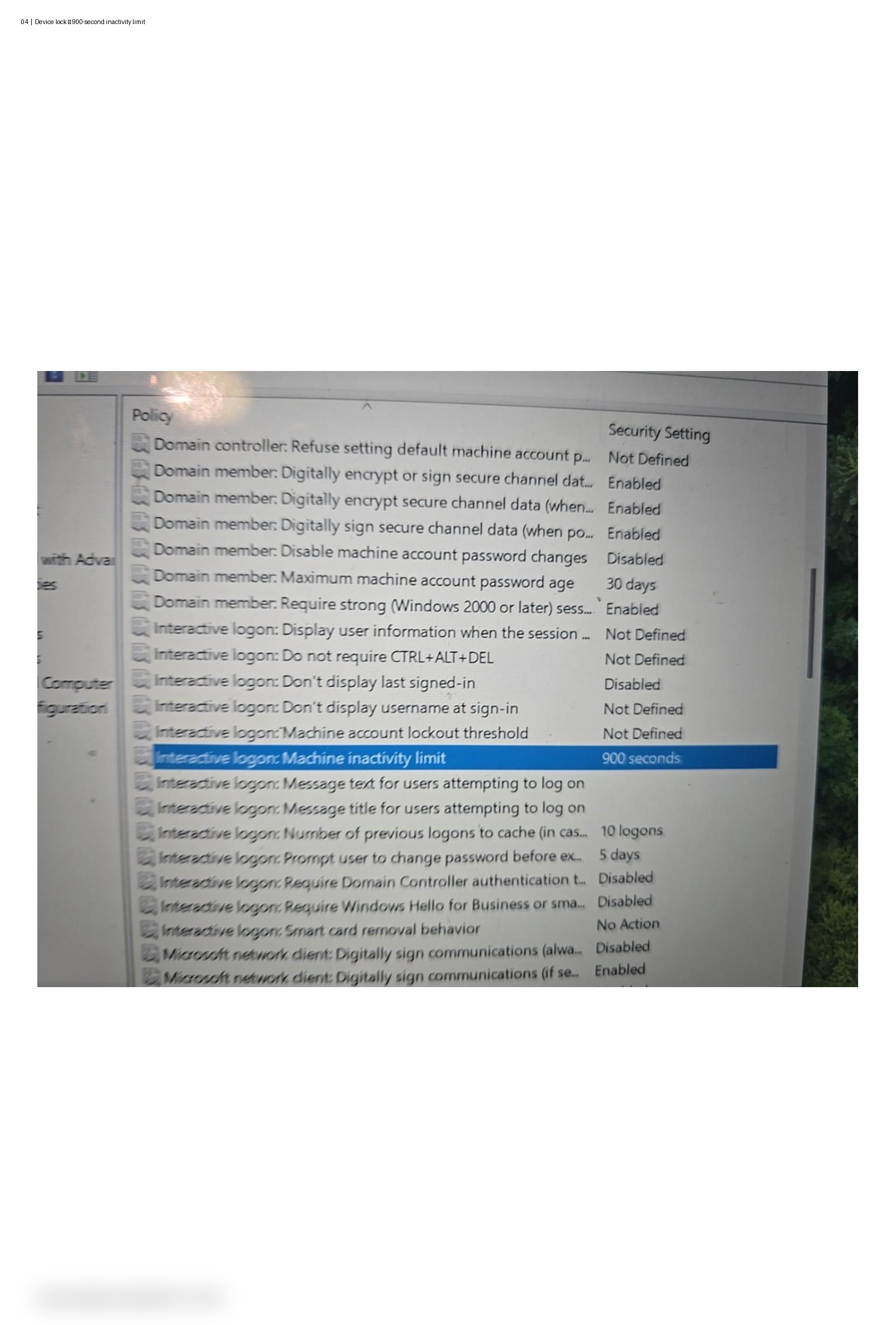 Windows inactivity limit configured to 900 seconds